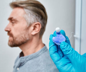 Gloved hand holding an ear impression with senior male's profile visible in background.